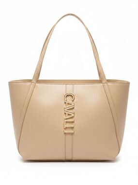 Cavalli Class Sandra Shopper Tote Bag in Almond Buff Beige NWT Gold Logo